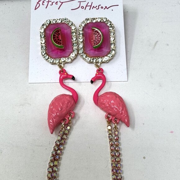 Betsey Johnson Flamingo Watermelon Statement Earrings With Rhinestone Accents - Picture 5 of 7
